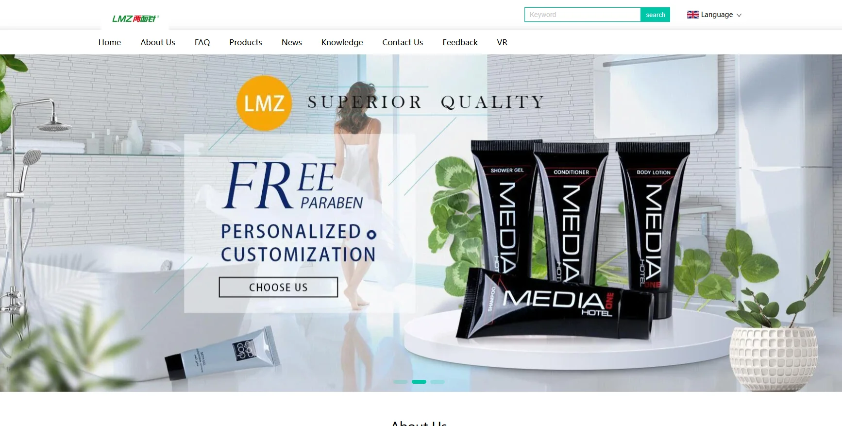 LMZ website displaying personalized and paraben-free cosmetic products with an emphasis on superior quality, including shower gel, conditioner, and body lotion tubes.